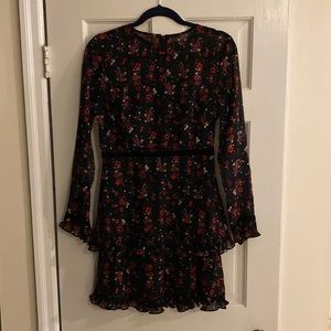 Lulus- Black Floral Print Long Sleeve Mini Dress